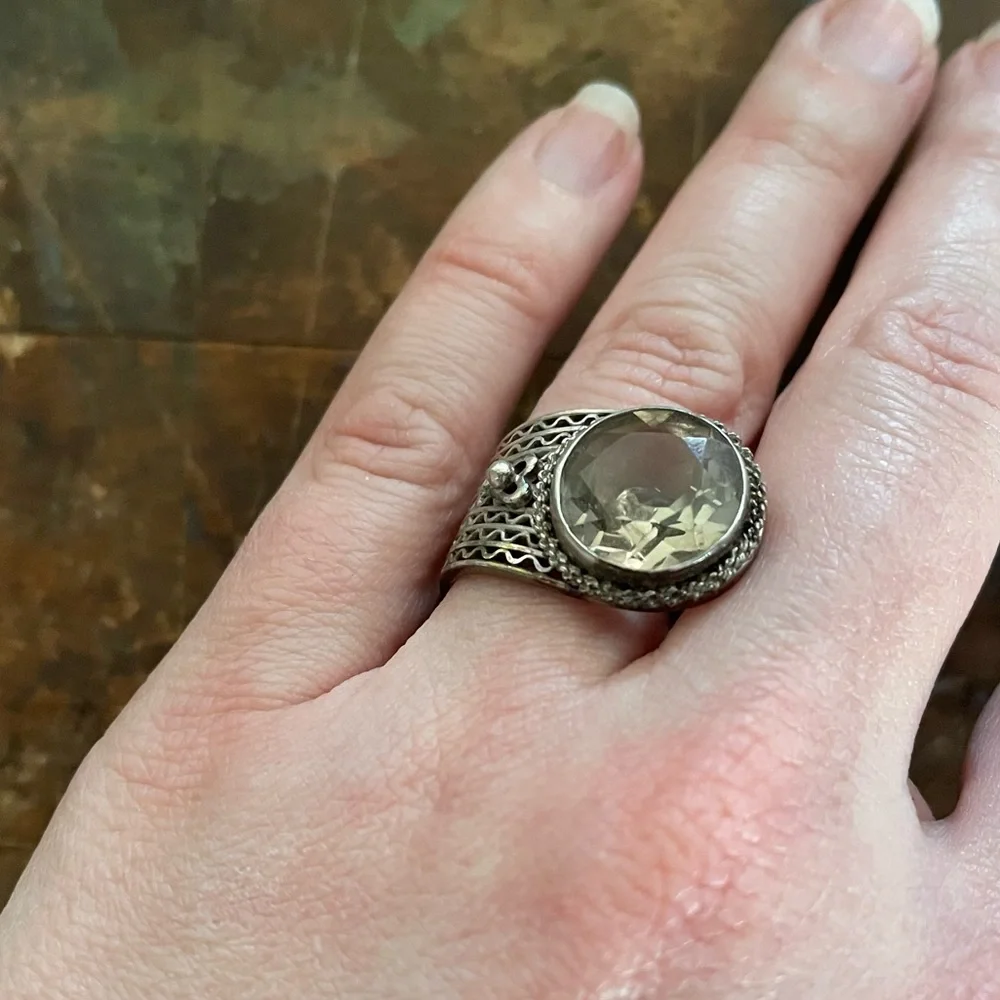 Vintage deco ring silver mesh with smoky quartz stone